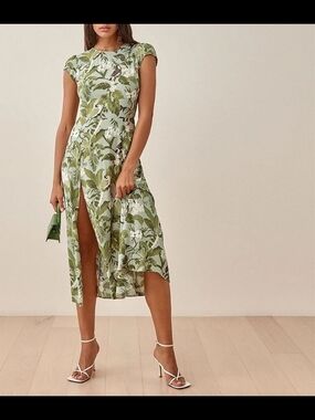Floral Green Midi Dress With Front Slit And Open Back